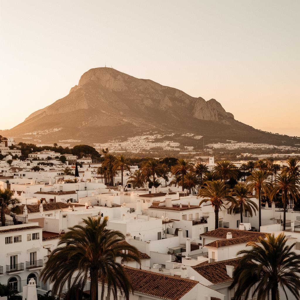 Marbella old town with La Concha mountain at golden hour