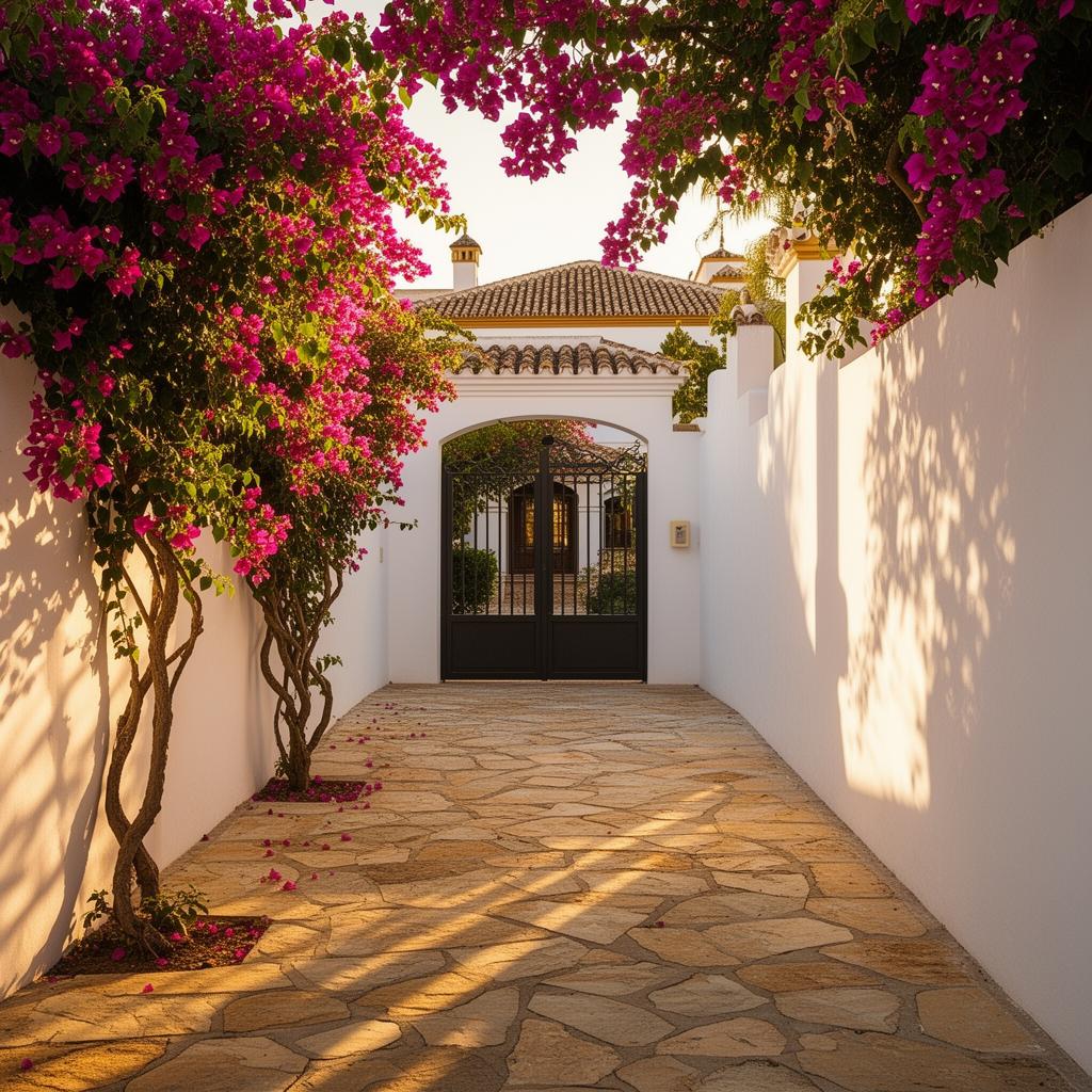 Sunlit pathway to a private villa gate in Marbella