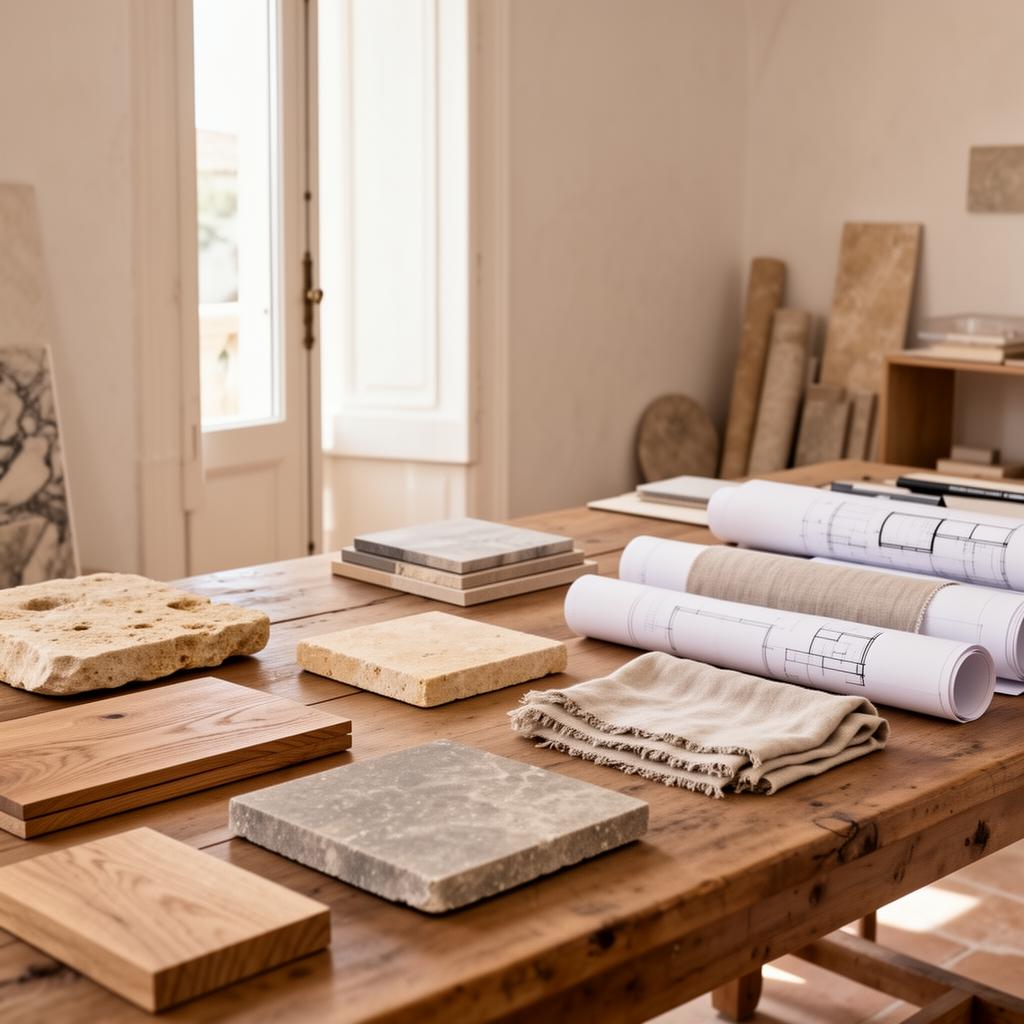 Architect's worktable with stone and oak samples